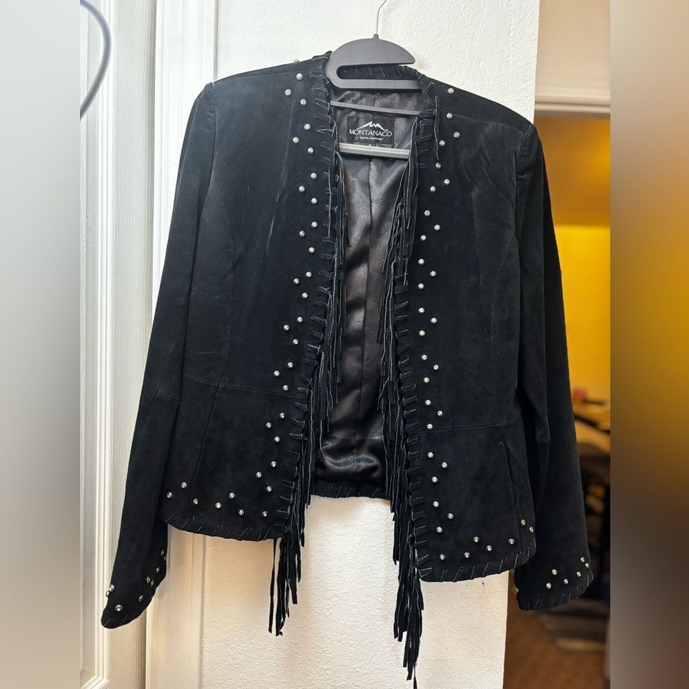 Black Montanaco Genuine Leather Suede Jacket with Studded Details - Picture 1 of 4